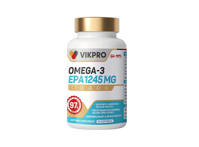 Vikpro Omega-3 EPA1245MG dietary supplement bottle on a white background