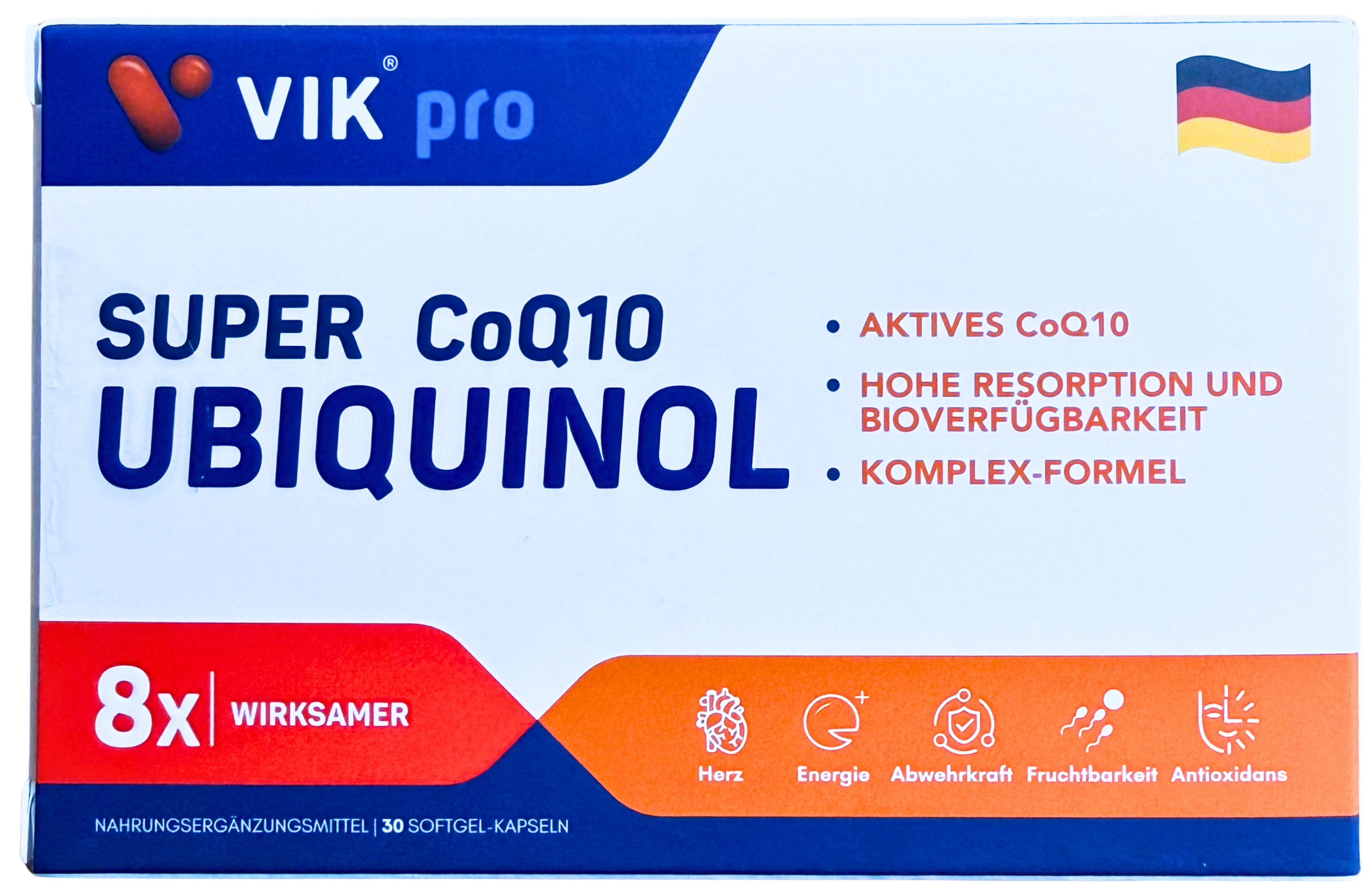 Vik Pro Super CoQ10 Ubiquinol supplement packaging with German text and icons.