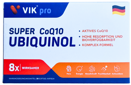 Vik Pro Super CoQ10 Ubiquinol supplement packaging with German text and icons.