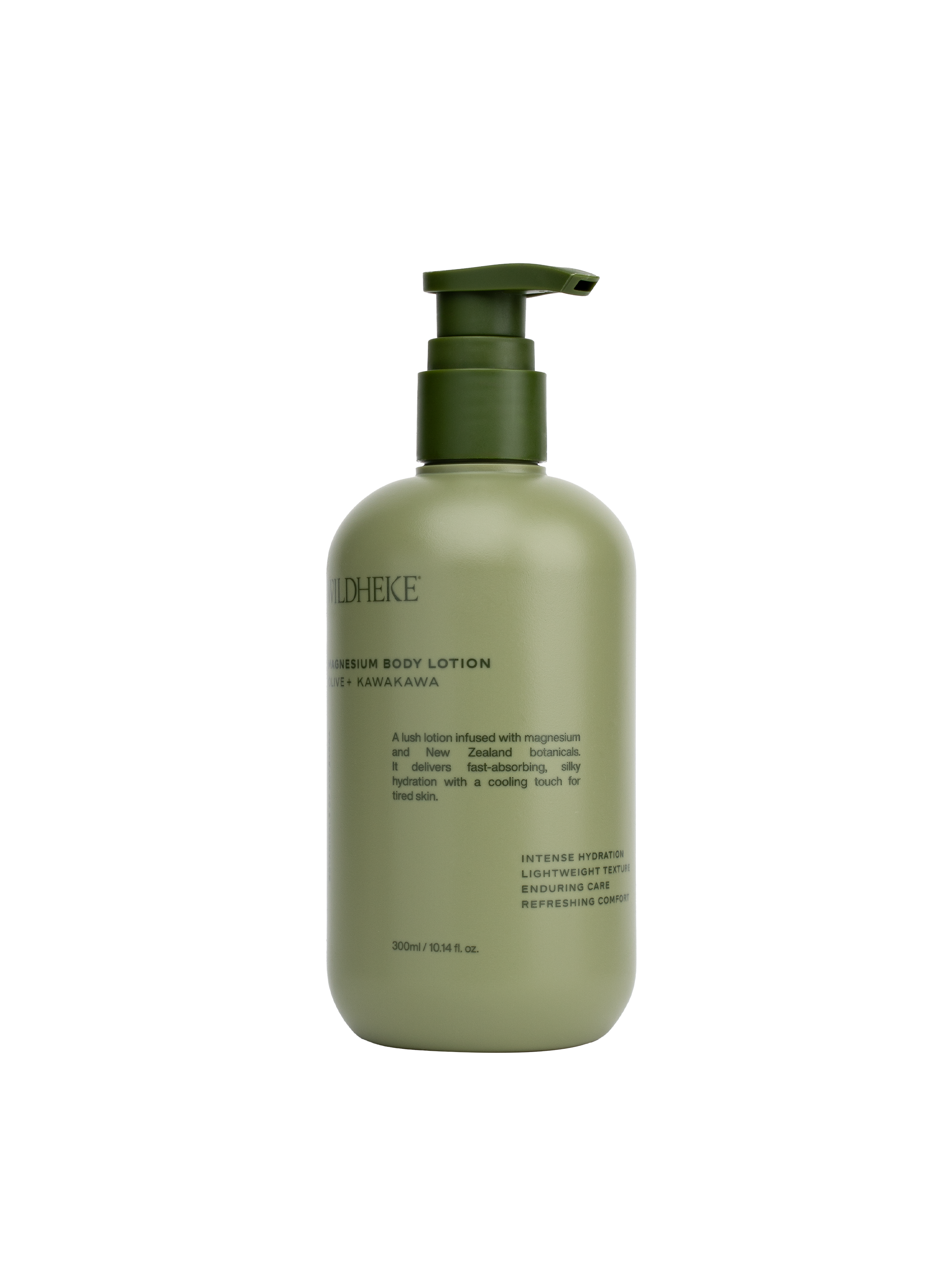 Green bottle of body lotion with pump on a white background