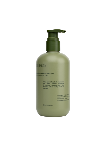 Green bottle of body lotion with pump on a white background