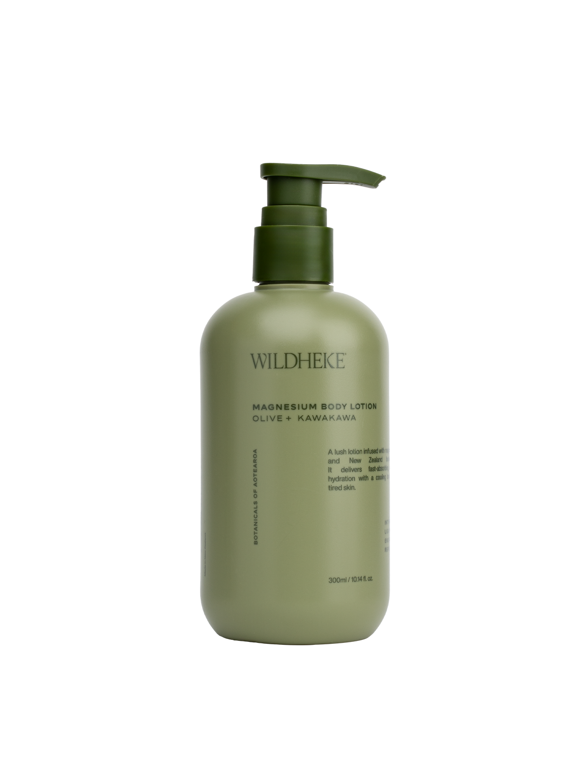 Green bottle of Wildheke magnesium body lotion on a white background