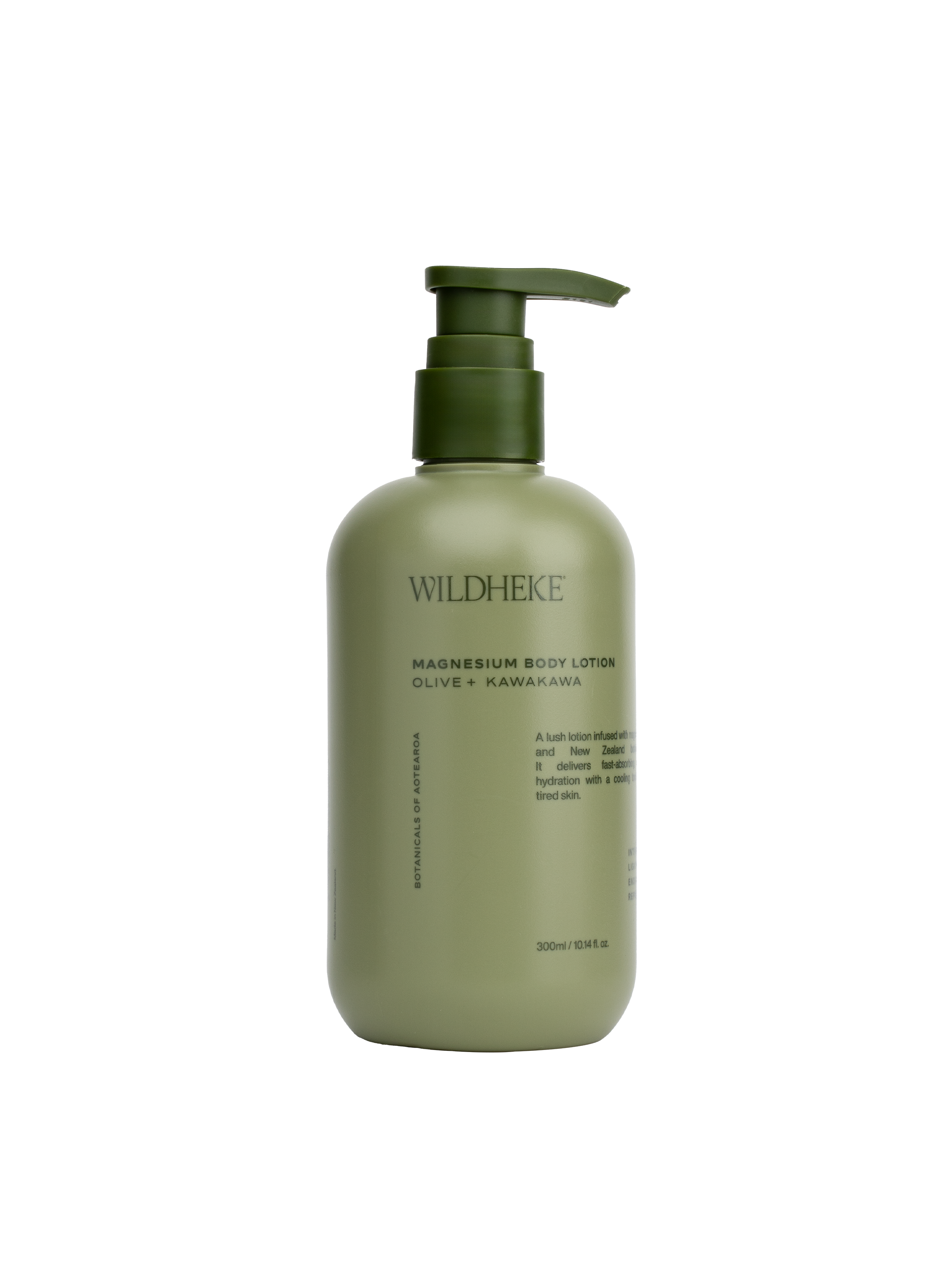 Green bottle of Wildheke magnesium body lotion on a white background